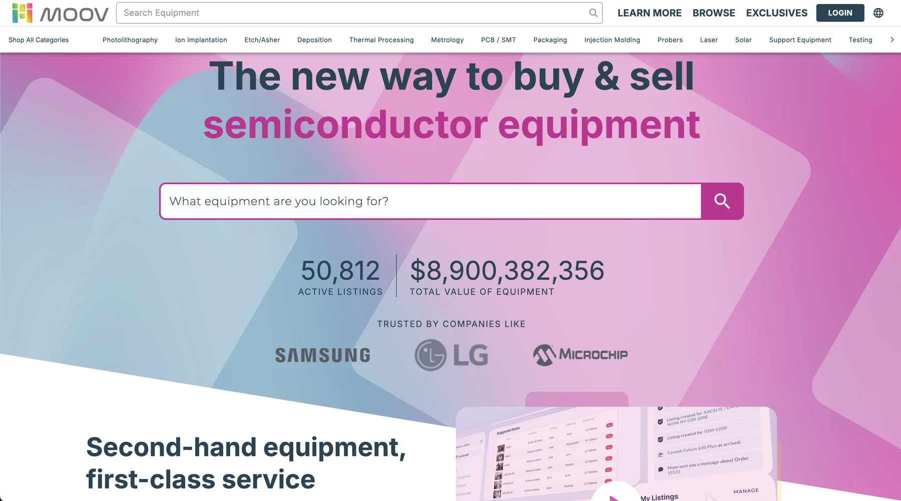 Marketing landing page, leading with search and the marketplace's active listing count