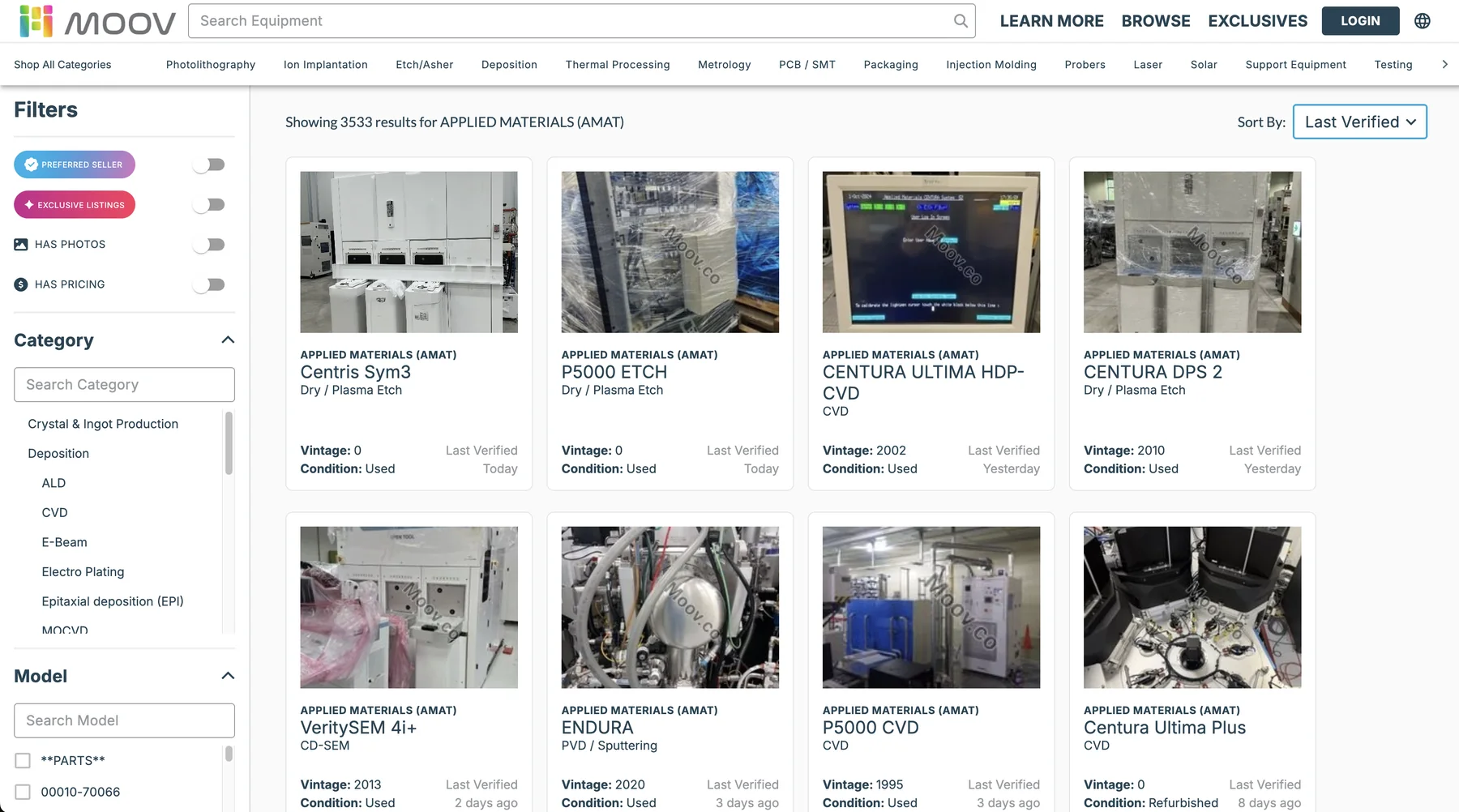 Search results for one manufacturer, with category and model filters alongside