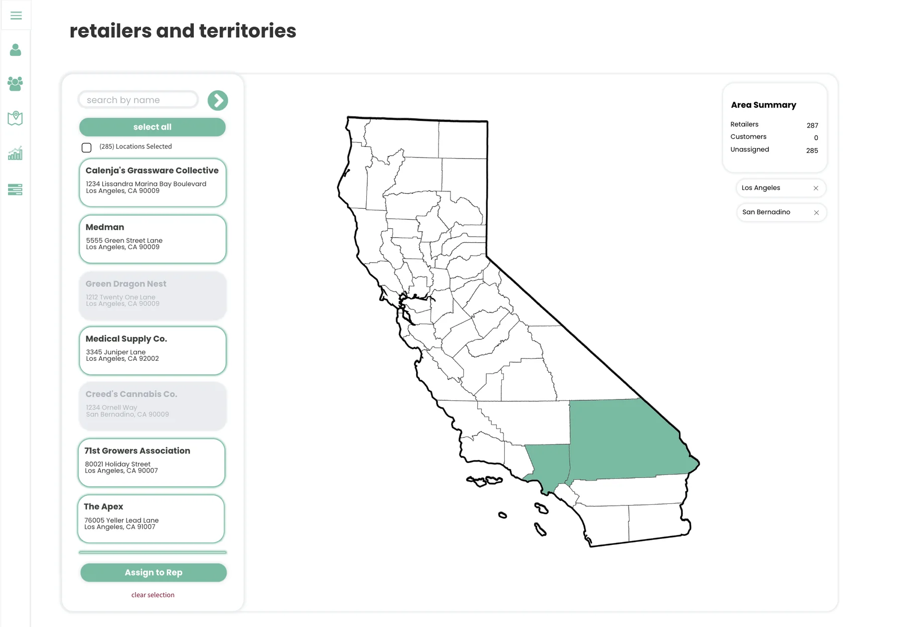 Territory manager: retailers listed beside a California county map, with an area summary and assign-to-rep action