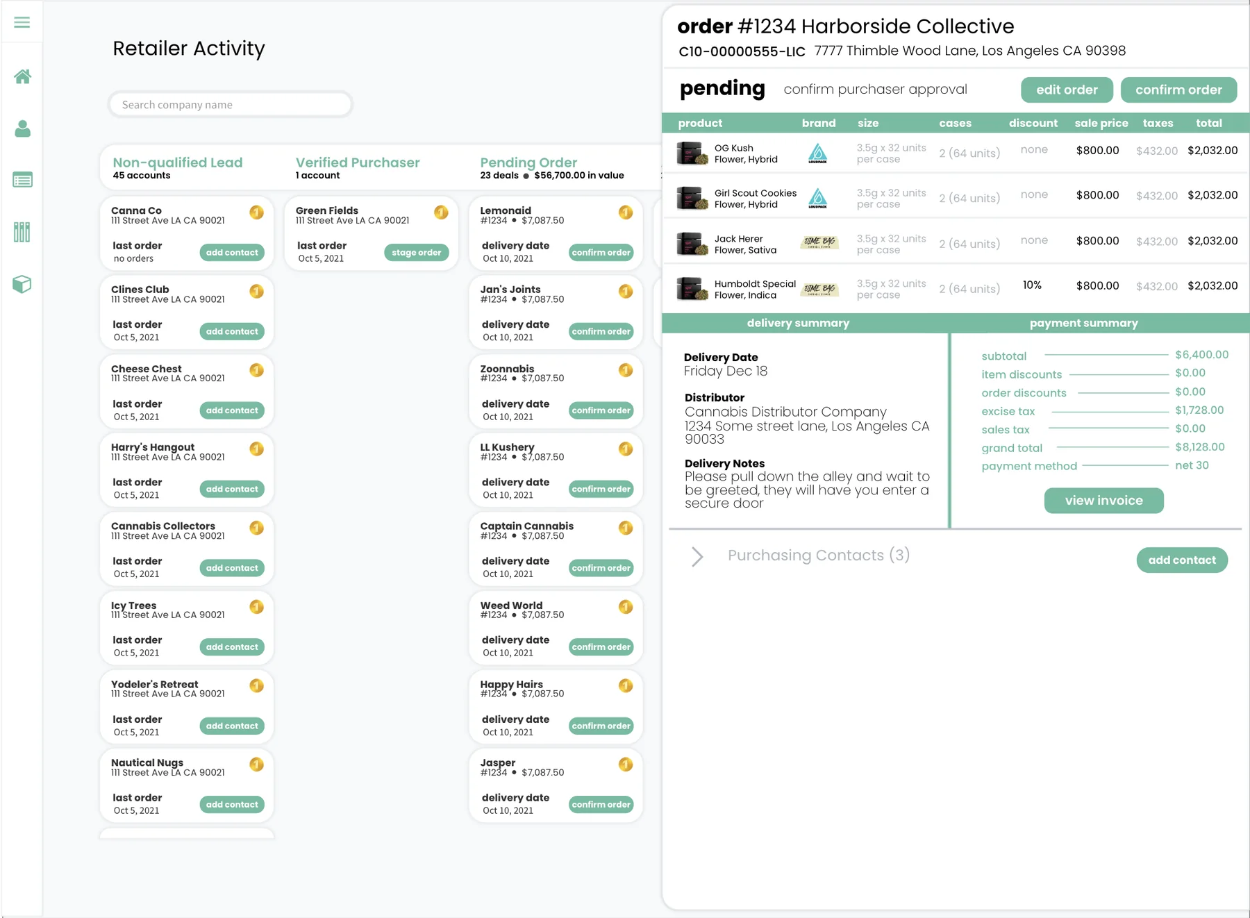 Retailer pipeline with an order opened alongside it, showing line items, delivery summary and payment summary