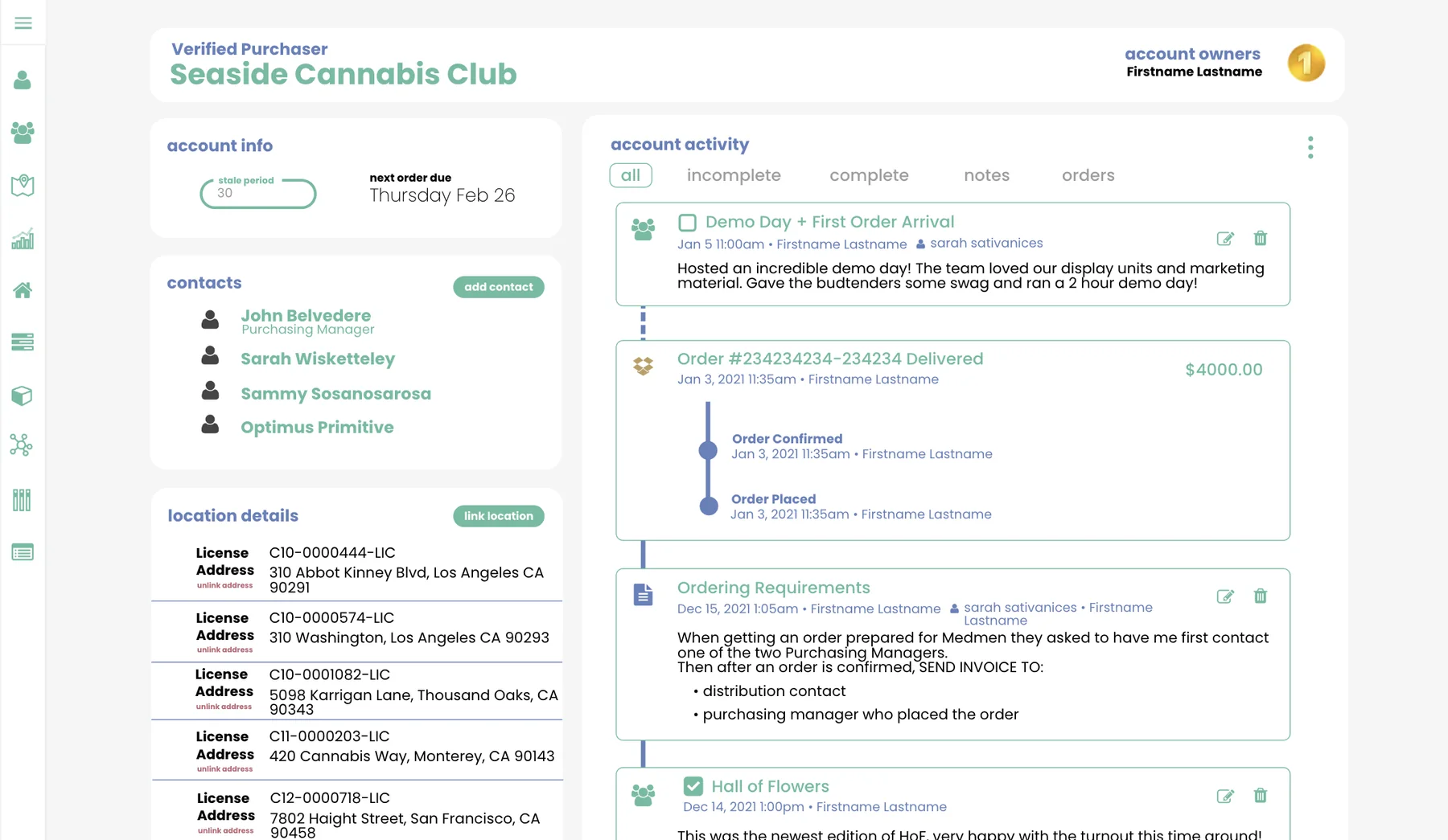 Account page: contacts, linked licence locations, and a running activity feed of visits, orders and notes