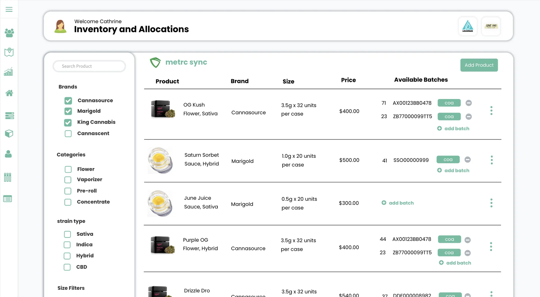 Inventory and allocations, synced to Metrc, with per-product batches and certificates of analysis