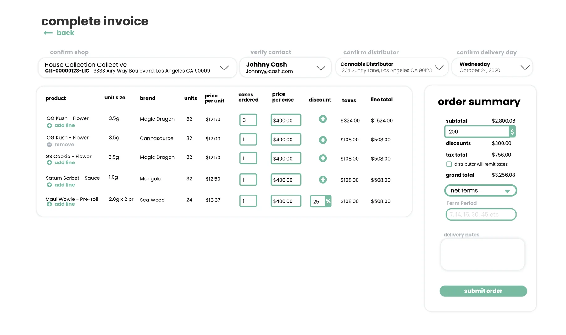 Order entry: line items priced by case with discounts, beside a running order summary and terms