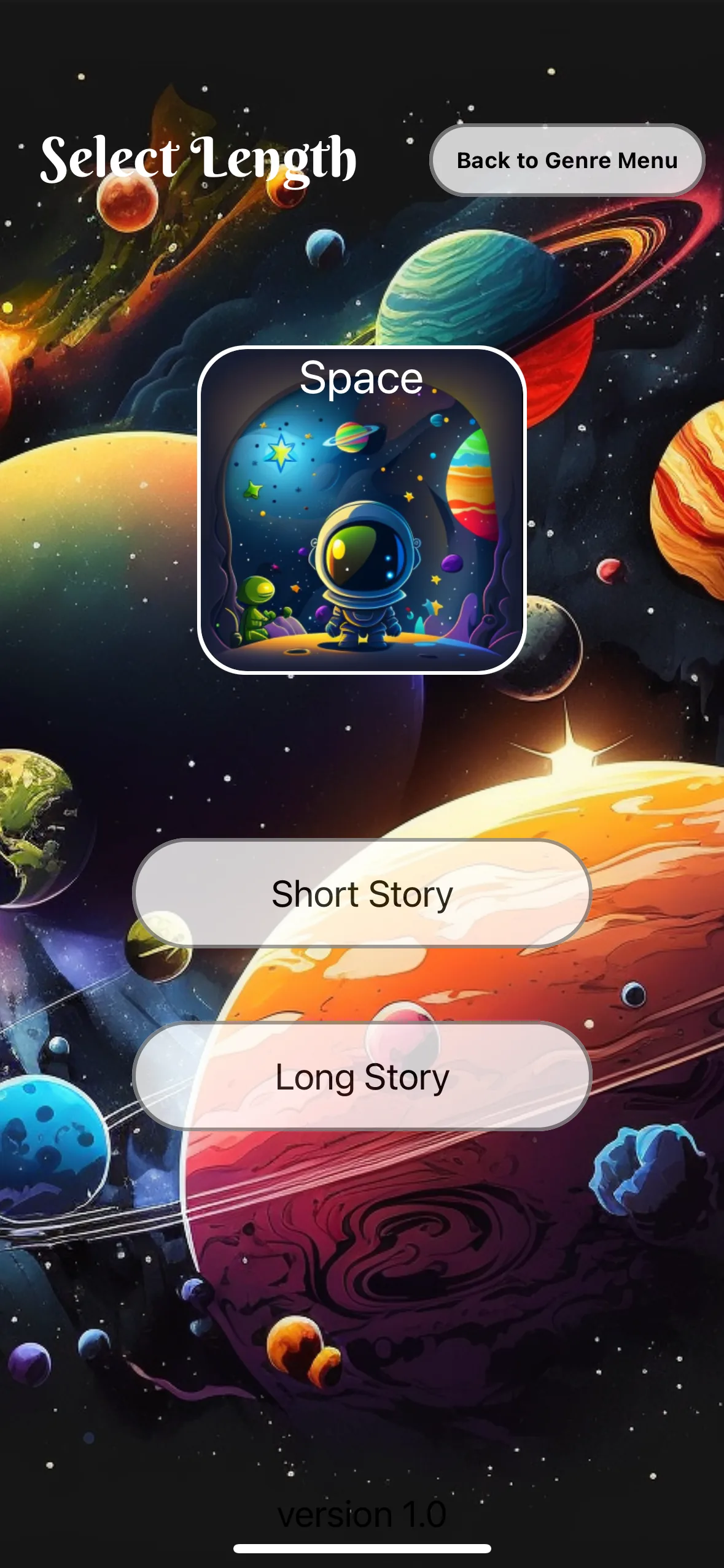 Length selection for the Space genre, offering a short or a long story