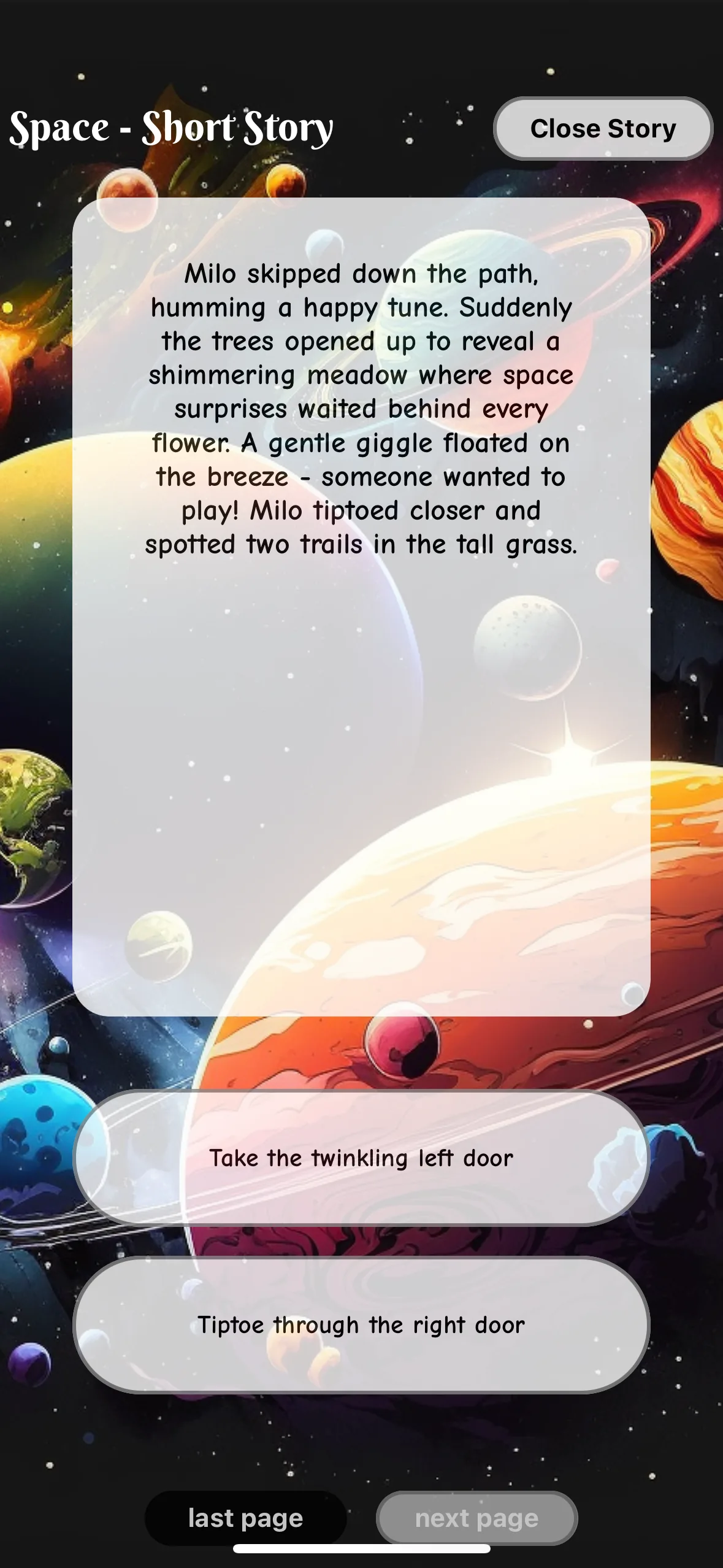 A Space story page ending in two choices: the twinkling left door or the right door