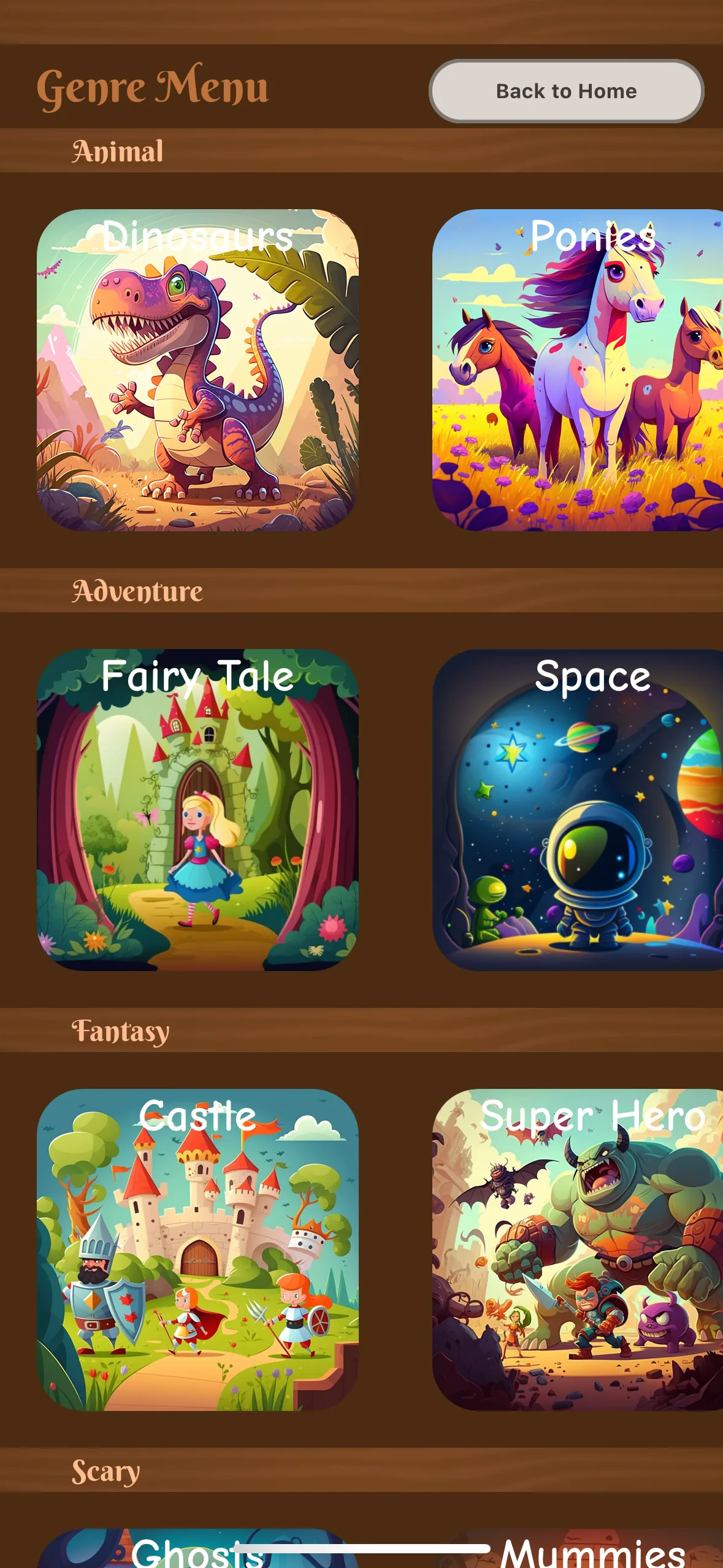 Genre menu grouped into Animal, Adventure, Fantasy and Scary, with a tile per theme