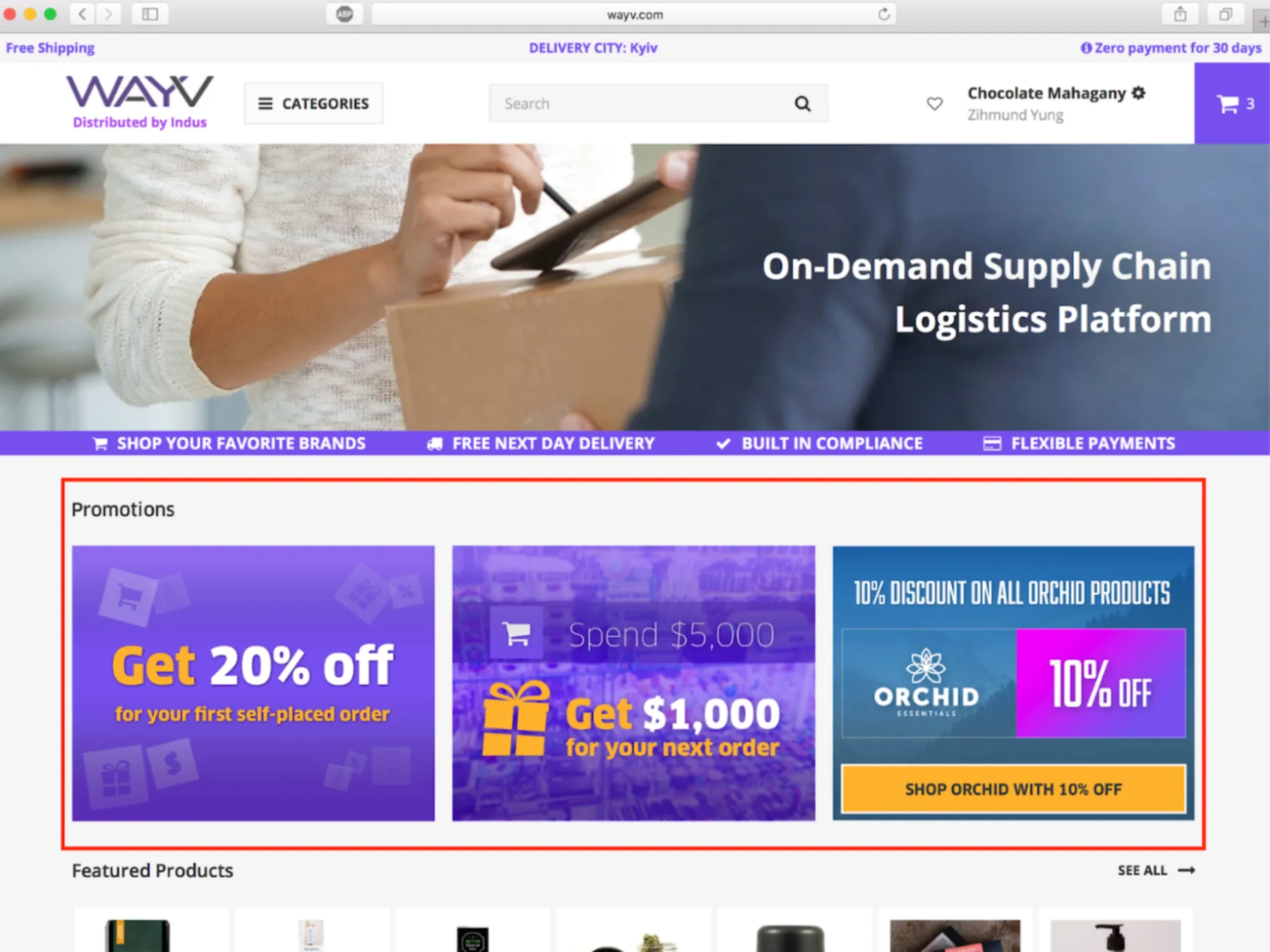 First shipped marketplace home page, with a promotions block and featured products