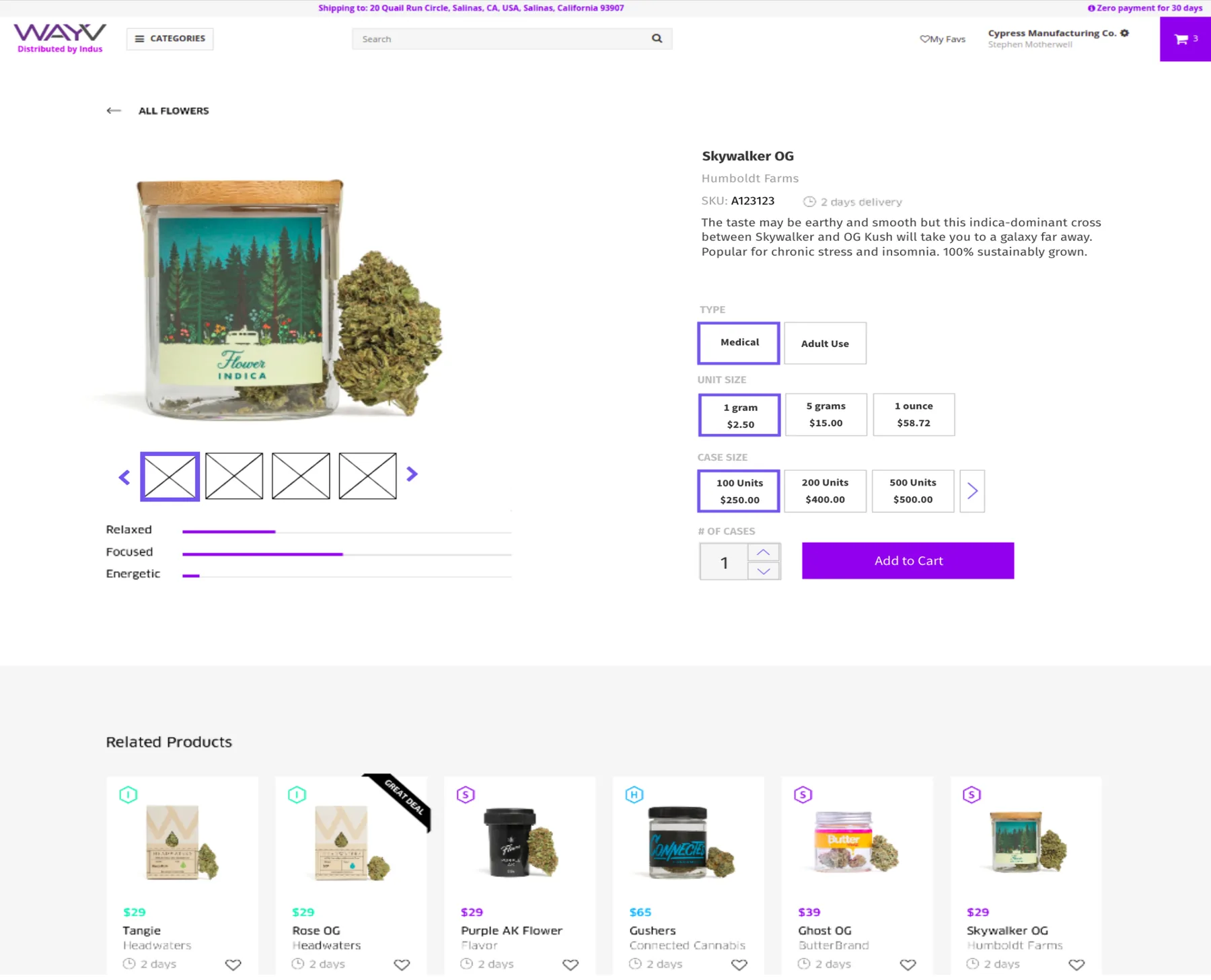 Shipped product detail page for a flower product, with unit and case pricing tiers