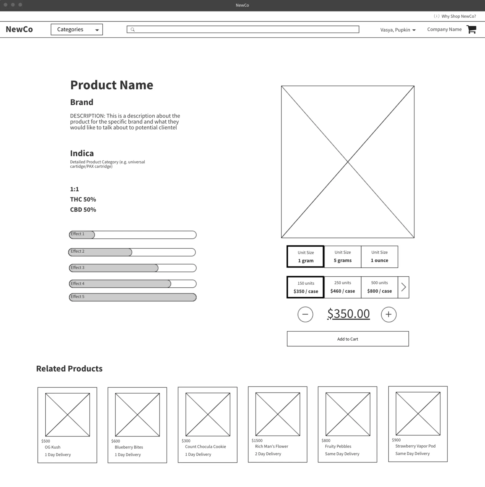 Wireframe for the product detail page, covering unit size, case size and effect indicators