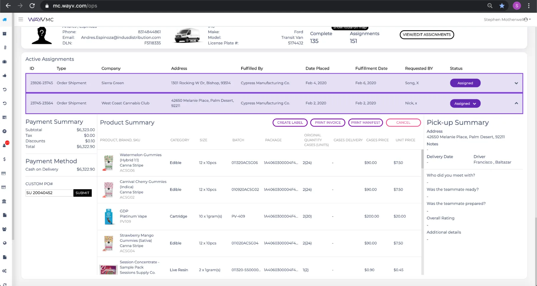 The shipped operations console: live driver routing, assignment detail, manifest and payment summary